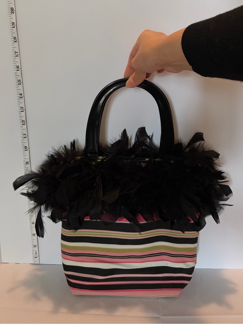 Vintage Black Feather Trim Striped Tote Bag